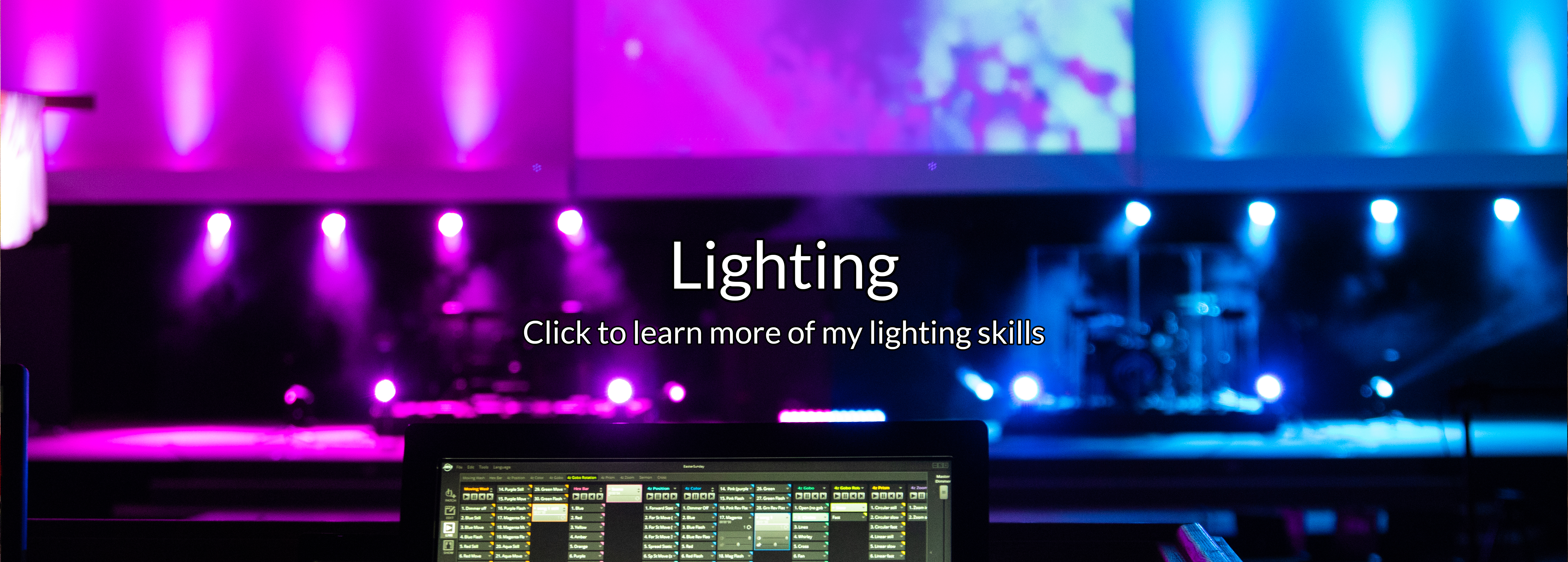Image of digital lighting software and coloured lights in the background
